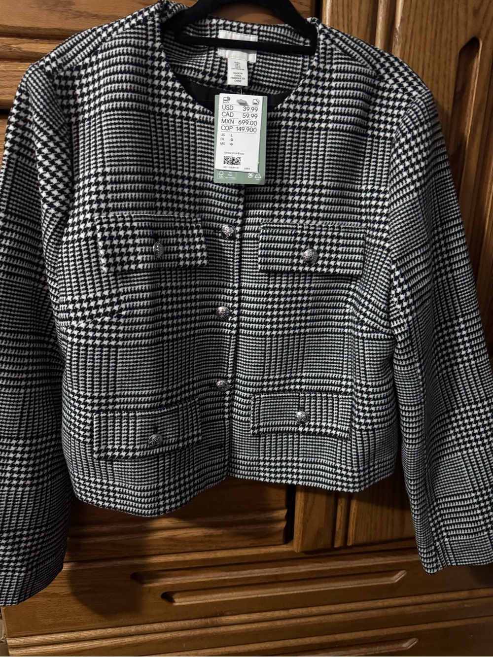 H&M Black and White Houndstooth Collarless Blazer size L